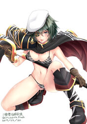  absurdres animal_print armor artist_name bikini black_bikini boots breasts brown_gloves cape cleavage commentary_request cutlass dated eyepatch female gloves green_eyes green_hair hat highres kantai_collection kiso_(kancolle) kiso_kai_ni_(kancolle) medium_breasts navel pauldrons sailor_hat school_uniform serafuku short_hair shoulder_armor side-tie_bikini_bottom simple_background solo squatting swimsuit tiger_print tongue tongue_out twitter_username white_background white_hat yaegashi_(muzzuleflash) 