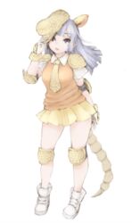  animal_ears armadillo_ears armadillo_tail black_eyes black_hair blunt_bangs commentary_request elbow_pads extra_ears female full_body giant_armadillo_(kemono_friends) hat ise_(0425) kemono_friends knee_pads long_hair miniskirt necktie open_mouth orange_vest pleated_skirt shoulder_pads simple_background skirt solo teeth vest white_background wrist_guards yellow_skirt 