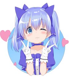  ;3 blue_background blue_bow blue_choker blue_eyes blue_hair bow cacao_(chocolat) center_frills choker closed_mouth collarbone commentary_request double_v female frills gloves hair_between_eyes hairbow hands_up heart highres long_hair nijisanji one_eye_closed puffy_short_sleeves puffy_sleeves shirt short_sleeves sidelocks solo twintails two-tone_background upper_body v virtual_youtuber white_background white_gloves white_shirt yuuki_chihiro yuuki_chihiro_(1st_costume) 