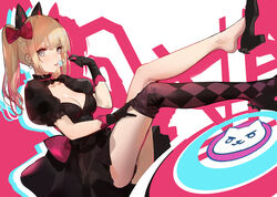  absurdres animal_ears argyle_clothes argyle_legwear ass black_cat_d.va black_dress black_footwear black_gloves black_thighhighs blonde_hair bow breasts brown_thighhighs candy cat_ears choker cleavage collarbone commentary_request corset d.va_(overwatch) dress earrings facial_mark female food gloves grey_eyes hairbow heart heart_earrings high_heels highres jewelry kincora legs legs_up licking lolita_fashion lollipop long_hair long_legs looking_at_viewer medium_breasts official_alternate_costume overwatch overwatch_1 photoshop_(medium) pink_bow puffy_short_sleeves puffy_sleeves short_sleeves solo thighhighs thighhighs_pull tongue tongue_out twintails two-tone_legwear whisker_markings 