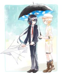  2boys ahoge bad_id bad_pixiv_id black_hair blonde_hair boots broken_umbrella eye_contact hat holding holding_umbrella jacket looking_at_another male_focus monoyoshi_sadamune multiple_boys namazuo_toushirou outside_border ponytail purple_eyes rain ritsu_(iqpi) rounded_corners shared_umbrella shorts sky_print smile standing touken_ranbu track_jacket umbrella yellow_eyes 