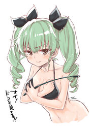  absurdres anchovy_(girls_und_panzer) artist_name bikini black_bikini blush breasts cleavage closed_mouth collarbone commentary_request covering_breasts covering_privates cropped_torso crossed_arms drill_hair embarrassed female girls_und_panzer green_hair hair_ribbon highres holding holding_riding_crop long_hair looking_at_viewer medium_breasts navel red_eyes ribbon riding_crop signature simple_background solo swimsuit takuji_yuusaku translated twin_drills twintails upper_body wavy_mouth white_background 