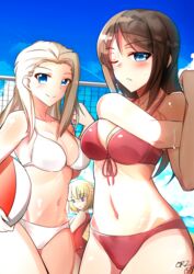  3girls ball beachball bikini blonde_hair blue_eyes breast_envy breasts brown_hair clara_(girls_und_panzer) cleavage commentary_request empty_eyes front-tie_top girls_und_panzer groin hairband highres katyusha_(girls_und_panzer) kowaremashita large_breasts long_hair multiple_girls navel nonna_(girls_und_panzer) one_eye_closed outdoors red_bikini stretching sweatdrop swimsuit volleyball_net white_bikini 