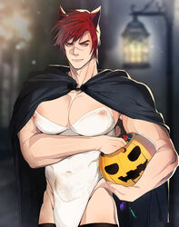  1boy abs animal_ears bara biceps blurry blurry_background candy cape covered_nipples food halloween halloween_costume korean_commentary lamp large_pectorals league_of_legends leotard light_particles looking_at_viewer male_focus manboobs manly mature_male muscular muscular_male outdoors pectorals pumpkin red_eyes red_hair ryub scar scar_on_face sett_(league_of_legends) short_hair solo spiked_hair stomach_tattoo tattoo tight_clothes white_leotard 