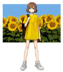  absurdres backpack bad_id bad_twitter_id bag bare_legs blue_eyes blue_sky breast_pocket brown_hair closed_mouth female flower full_body highres looking_at_viewer nuri_(yoon_cook) original pocket shirt shoes short_hair short_sleeves simple_background sky sneakers solo sunflower white_background white_footwear yellow_shirt yoon_cook 