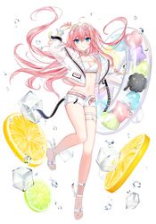  ahoge ankle_ribbon arm_up balloon bare_legs belt bikini blue_eyes bracelet braid braided_bangs breasts cleavage closers eyewear_on_head female floating_hair food fruit full_body heart_balloon highres ice ice_cube innertube jacket jewelry leg_ribbon leg_up lemon lemon_slice long_hair long_sleeves medium_breasts navel official_art one_side_up open_clothes open_jacket open_shorts parted_lips pink_belt pink_hair ribbon round_eyewear sandals see-through see-through_sleeves seulbi_lee short_shorts shorts solo spray standing standing_on_one_leg star_balloon stomach swim_ring swimsuit thigh_strap transparent_innertube white_background white_bikini white_footwear white_jacket white_ribbon white_shorts 