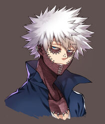  1boy black_jacket blue_eyes boku_no_hero_academia brown_background burn_scar collarbone commentary_request cropped_shoulders dabi_(boku_no_hero_academia) ear_piercing grey_background highres jacket looking_at_viewer male_focus narrowed_eyes piercing scar shirt short_hair simple_background solo spiked_hair spoilers todoroki_touya upper_body white_hair yuuheisyoujyo 