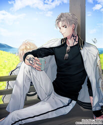  2boys arm_tattoo blonde_hair blue_sky bug butterfly cloud commentary_request cup earrings eyewear_hang field jacket jacket_on_shoulders jewelry male_focus multiple_boys nansen_ichimonji neck_tattoo official_art pants red_eyes sanchoumou sitting sky smile stud_earrings suda_ayaka sunglasses tattoo touken_ranbu track_jacket track_pants unworn_eyewear white_butterfly yunomi 