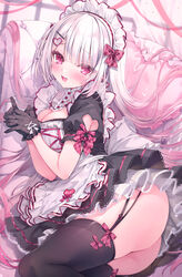  alternate_costume apron black_dress black_gloves black_thighhighs blush breasts cleavage commentary_request dress enmaided female frilled_apron frills garter_straps gloves highres indie_utaite large_breasts looking_at_viewer maid maid_apron maid_headdress multicolored_hair no_panties pink_hair red_eyes red_ribbon ribbon rika_(kuroneko_datenn) rubi-sama solo thighhighs two-tone_hair utaite waist_apron white_apron white_hair 