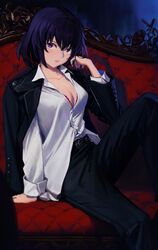  08191224k absurdres arm_at_side arm_support belt black_jacket black_pants bob_cut breasts chain_sumeragi cleavage collarbone collared_shirt couch dark dress_shirt feet_out_of_frame female hand_up highres indoors jacket jacket_on_shoulders kekkai_sensen long_sleeves looking_at_viewer outstretched_arm pants parted_lips partially_unbuttoned purple_eyes purple_hair shirt shirt_partially_tucked_in short_hair sitting sleeves_rolled_up solo white_shirt 