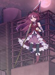  apple commentary_request construction dress female food food_on_face frilled_dress frills fruit full_moon highres holding holding_food holding_weapon karaage_(torikkk) long_hair magical_girl mahou_shoujo_madoka_magica mahou_shoujo_madoka_magica_(anime) moon night polearm ponytail red_eyes red_hair ribbon sakura_kyoko sakura_kyoko_(magical_girl) smile solo spear standing weapon 