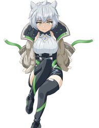  absurdres animal_ears breasts cat_ears cat_girl chest_jewel clothing_cutout core_crystal_(xenoblade) crystal diamond_cutout female fingerless_gloves gloves high-waist_shorts highres holilights looking_at_viewer medium_breasts messy_hair na&#039;el_(xenoblade) romper short_hair short_shorts shorts simple_background solo thighhighs thighs xenoblade_chronicles_(series) xenoblade_chronicles_3 xenoblade_chronicles_3:_future_redeemed yellow_eyes 