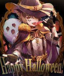  1boy animal_ears belt black_nails brown_hair candy choker coat cross eating facial_mark food fur_coat fur_collar fur_trim ghost gloves halloween hat highres jewelry lollipop male_focus necklace oerba_yun_fang orange_eyes original pants penguu_(green528) shirt tongue tongue_out wolf_boy wolf_ears 