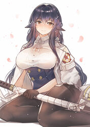  azuma_(azur_lane) azur_lane black_gloves black_pantyhose bra bra_visible_through_clothes commentary_request female framed_breasts gloves half_gloves jacket jacket_on_shoulders long_hair looking_at_viewer orange_eyes pantyhose petals purple_hair sea_nami see-through see-through_shirt shirt simple_background solo thigh_strap thighband_pantyhose underwear very_long_hair white_background white_bra white_jacket 