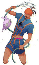  1boy :d abs absurdres blue_shirt blue_shorts brown_hair closed_eyes collared_shirt commentary_request dark-skinned_male dark_skin earrings goomy headband highres holding hose jewelry knees male_focus nachos_(chos_na) open_mouth orange_headband pokemon pokemon_(creature) pokemon_swsh raihan_(pokemon) shirt short_hair short_sleeves shorts smile undercut water water_drop 