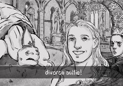  1boy bleue divorce_selfie_(meme) elden_ring female greyscale grin hat highres meme miriel_pastor_of_vows mitre monochrome radagon_of_the_golden_order rennala_queen_of_the_full_moon smile statue subtitled turtle 