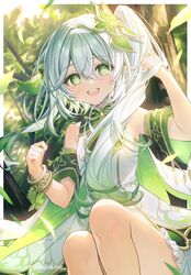  :d armpit_peek bare_shoulders bloomers blush bracelet cape coyucom cross-shaped_pupils detached_sleeves dress female genshin_impact gradient_hair green_cape green_eyes green_sleeves hair_between_eyes hair_ornament highres jewelry knees leaf long_hair looking_at_viewer multicolored_hair nahida_(genshin_impact) pointy_ears side_ponytail sidelocks smile solo symbol-shaped_pupils underwear white_bloomers white_dress white_hair 