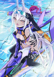  asobeco bare_shoulders bikini black_gloves black_thighhighs blue_gloves breasts detached_sleeves dragon_tail elbow_gloves fate/grand_order fate_(series) female forked_eyebrows gloves goggles goggles_on_head highres horns long_hair looking_at_viewer melusine_(fate) melusine_(swimsuit_ruler)_(fate) melusine_(swimsuit_ruler)_(third_ascension)_(fate) navel octopus pool sidelocks small_breasts solo swimsuit tail thighhighs thighlet torpedo two-tone_gloves water white_bikini white_hair yellow_eyes 