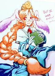  :3 animal_ears book braid breath_of_fire breath_of_fire_iii capelet closed_mouth female glasses gloves hair_tie head_wings highres holding holding_book honey_(breath_of_fire) long_hair looking_at_viewer maikawa momo_(breath_of_fire) orange_hair parted_bangs rabbit_ears red_eyes robe simple_background smile solo very_long_hair wings 