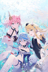  3girls :d ahoge air_bubble alternate_costume bare_shoulders bikini black_flower black_one-piece_swimsuit black_rose blonde_hair blue_eyes blue_hair blue_jacket bow breasts brown_bow bubble bubbly_seahorse_(genshin_impact) charlotte_(genshin_impact) cleavage closed_mouth collarbone commentary_request covered_navel criss-cross_halter day feet_out_of_frame flower furina_(genshin_impact) genshin_impact gold_trim_bow grey_hair hair_flower hair_ornament halterneck highres jacket jewelry large_breasts leisurely_otter_(genshin_impact) long_hair looking_at_viewer medium_breasts multicolored_hair multiple_girls navel navia_(genshin_impact) no_heterochromia off-shoulder_jacket off_shoulder one-piece_swimsuit open_mouth outdoors pink_hair ritsuki rose small_breasts smile strapless strapless_one-piece_swimsuit streaked_hair swimsuit teeth tidalga_(genshin_impact) underwater upper_teeth_only very_long_hair water yellow_bow yellow_flower yellow_rose 