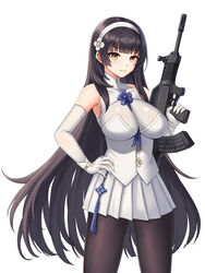  absurdres assault_rifle black_hair black_pantyhose breasts bullpup elbow_gloves female girls&#039;_frontline gloves gongbangmanchi_(daisy_cutter) gun hairband highres holding holding_gun holding_weapon large_breasts long_hair miniskirt pantyhose pleated_skirt qbz-95 rifle shirt skirt smile solo standing type_95_(girls&#039;_frontline) very_long_hair weapon white_gloves white_hairband white_shirt white_skirt yellow_eyes 