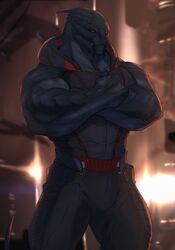  alien bioware clothed clothing crossed_arms electronic_arts hi_res looking_at_viewer male mass_effect meken muscular muscular_male relay314 solo standing turian yellow_eyes 