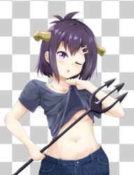  ;o black_shirt blush breasts casual checkered_background clothes_lift demon_girl demon_horns female gabriel_dropout groin hair_between_eyes hair_ornament hairclip holding holding_polearm holding_weapon horns lifting_own_clothes looking_at_viewer midriff navel one_eye_closed polearm purple_eyes purple_hair shirt shirt_lift short_hair solo triangle_(zztg3775) trident underboob vignette_tsukinose_april weapon x_hair_ornament 