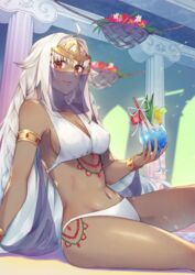  ahoge alcohol armlet bikini bracelet breasts cleavage column commentary_request covered_nipples cup dancer dark-skinned_female dark_skin drinking_straw fate/grand_order fate_(series) female hair_ornament harem_outfit highres holding holding_cup indian jewelry lakshmibai_(fate) long_hair looking_at_viewer mouth_veil nakaga_eri navel pillar red_eyes see-through sideboob sitting smile solo stomach swimsuit thighs veil very_long_hair white_bikini white_hair 