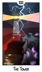  2023 anthro bovid broken_horn caprine card card_template clothing detailed_background electricity english_text floppy_ears fortune_telling glowing glowing_horn glowing_tentacles goat hair hi_res horn light light_beam lighthouse long_ears looking_away major_arcana male mammal mewgle reed_(mewgle) roman_numeral seaside shirt solo tarot tarot_card tentacle text the_tower_(tarot) topwear tower water white_hair 