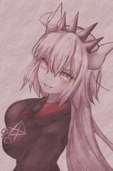  ahoge commentary_request cosplay fate/grand_order fate_(series) female formal headpiece helltaker highres jeanne_d&#039;arc_alter_(avenger)_(fate) jeanne_d&#039;arc_alter_(fate) looking_at_viewer lucifer_(helltaker) lucifer_(helltaker)_(cosplay) necktie partial_commentary roro_982 simple_background solo suit white_hair yellow_eyes 