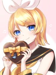  arm_warmers beamed_eighth_notes black_sailor_collar blonde_hair blue_eyes bow box box_of_chocolates candy chocolate commentary eighth_note english_text female food hair_ornament hairbow hairclip heart heart-shaped_chocolate highres holding holding_box kagamine_rin looking_at_viewer musical_note nail_polish oerba_yun_fang pink_background ribbon sailor_collar school_uniform shirt short_hair skin_fang sleeveless sleeveless_shirt smile solo soramame_pikuto swept_bangs upper_body valentine vocaloid white_bow white_shirt yellow_nails 