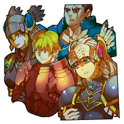  2boys 2girls armor arngrim blue_armor helmet highres hrist_valkyrie lenneth_valkyrie long_hair low-braided_long_hair low-tied_long_hair lucian_(valkyrie_profile) multiple_boys multiple_girls red_armor shoulder_armor shoulder_pads tanokura_mon valkyrie valkyrie_profile_(series) winged_helmet 