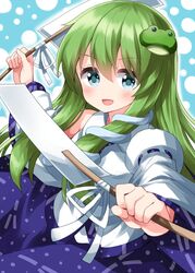  arms_up bare_shoulders blue_background blue_eyes blush bobbles breasts collared_shirt commentary_request detached_sleeves eyes_visible_through_hair female frog_hair_ornament gohei green_hair hair_between_eyes hair_ornament hands_up highres kochiya_sanae long_hair long_sleeves looking_to_the_side medium_breasts one-hour_drawing_challenge open_mouth purple_skirt ribbon ruu_(tksymkw) shirt skirt smile snake_hair_ornament solo standing tongue touhou white_ribbon white_shirt wide_sleeves 