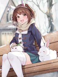  animal_ears bench blue_coat blush braid breath brown_eyes brown_hair coat crown_braid ear_covers feet_out_of_frame female green_skirt hairband highres horse_ears horse_girl house long_sleeves looking_at_viewer miniskirt misoni_(mi_so_ni_t) mittens open_mouth outdoors rabbit scarf short_hair sitting skirt smile snow snow_rabbit solo thighhighs tree umamusume white_thighhighs yukino_bijin_(umamusume) 