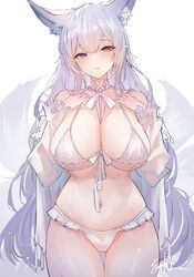  animal_ears azur_lane bare_shoulders bikini blue_eyes blush breasts cowboy_shot female fox_ears fox_girl fox_tail large_breasts long_hair long_sleeves looking_at_viewer multiple_tails navel official_alternate_costume parted_lips sea_nami shinano_(azur_lane) shinano_(dreamy_white_sands)_(azur_lane) stomach swimsuit tail thigh_gap underboob white_bikini white_hair 