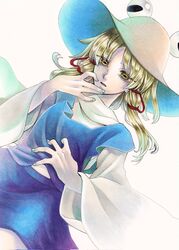  blonde_hair blue_skirt blue_vest female fingernails green_nails hat highres horizontal_pupils long_sleeves medium_hair moriya_suwako parted_bangs shirt short_hair simple_background skirt skirt_set sleeves_past_wrists solo touhou turtleneck vest white_background white_shirt whoru wide_sleeves yellow_eyes 