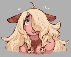  almond_(wonderslug) anthro blonde_hair bodily_fluids body_hair braided_hair chest_hair droopy_eyes ears_down equid equine grey_background hair hair_over_eye half-closed_eyes horse long_hair mammal miniature_horse narrowed_eyes one_eye_obstructed pivoted_ears short_stack simple_background smile solo sweat sweatdrop wonderslug 