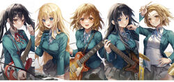  5girls :d :o absurdres adjusting_hair aibek akiyama_mio band bass_guitar black_eyes black_hair black_pantyhose blazer blonde_hair blue_bow blue_bowtie blue_eyes blue_jacket blue_ribbon blush bob_cut bow bowtie breasts brown_eyes brown_hair buttoned_cuffs buttons chromatic_aberration closed_mouth collared_shirt cowboy_shot dot_nose drum drum_set drumsticks electric_guitar fender_jazz_bass fender_mustang floating_hair gibson_les_paul gradient_background green_jacket grey_skirt grin guitar hair_between_eyes hair_ornament hairband hairclip hand_on_own_hip highres hime_cut hirasawa_yui holding holding_drumsticks holding_instrument instrument jacket k-on! keyboard_(instrument) korg_triton kotobuki_tsumugi large_breasts leaning_forward light_smile long_hair long_sleeves looking_at_viewer medium_breasts medium_hair miniskirt multiple_girls music nakano_azusa neck_ribbon neckerchief open_clothes open_jacket open_mouth pantyhose piano pleated_skirt plectrum red_neckerchief ribbon sakuragaoka_high_school_uniform school_uniform serafuku shirt short_hair skirt small_breasts smile tainaka_ritsu teeth tongue twintails untucked_shirt upper_body white_background white_shirt winter_uniform yellow_eyes yellow_hairband 