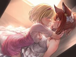  2girls animal_ears anthuria arms_around_neck blonde_hair blush breast_press breasts closed_mouth commentary djeeta_(granblue_fantasy) dress erune eye_contact fighter_(granblue_fantasy) granblue_fantasy hairband highres long_hair looking_at_another medium_breasts multiple_girls pink_dress ponytail red_eyes red_hair sassakntm short_hair short_sleeves sitting sitting_on_person smile strapless strapless_dress symmetrical_docking white_dress yuri 