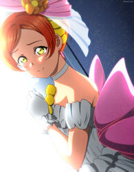  absurdres choker closed_mouth commentary_request dress earrings female flower gloves hair_flower hair_ornament hand_up highres hoshizora_rin isami_don jewelry love_live! love_live!_school_idol_project love_wing_bell off-shoulder_dress off_shoulder orange_eyes orange_hair smile solo tearing_up upper_body white_choker white_dress white_gloves yellow_eyes 