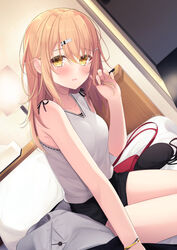  adjusting_hair bag bed bed_sheet black_skirt blonde_hair blush bracelet commentary_request desk desk_lamp dutch_angle female hair_ornament hand_in_own_hair highres jacket jewelry lamp long_hair looking_at_viewer miniskirt on_bed open_mouth original pillow sasahara_wakaba sitting skirt solo tank_top white_tank_top yellow_eyes 