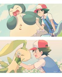  1boy :d :t apple apple_core bangs bayleef belt_buckle blush brown_eyes buckle closed_mouth cloud day eating fingerless_gloves flower food fruit gloves grass green_gloves green_hair hat highres holding holding_flower holding_food jacket male_focus mei_(maysroom) open_mouth outdoors pants pokemon pokemon_(anime) pokemon_(classic_anime) pokemon_(creature) sandwich satoshi_(pokemon) shirt shoes short_hair short_sleeves sitting sky smile snorlax tongue twitter_username white_flower 