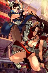  2girls alex_ahad battle blue_leotard boots bracelet breasts bun_cover chun-li cleavage commentary crossover double_bun english_commentary fatal_fury hair_bun hand_fan highres jewelry jumping large_breasts leotard leotard_peek long_hair multiple_girls ninja pantyhose ponytail red_footwear red_leotard rivalry rivals shiranui_mai socks spiked_bracelet spikes squatting street_fighter street_fighter_iii_(series) tabi the_king_of_fighters thighs white_footwear 