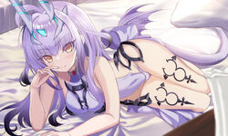  bare_shoulders breasts dragon_tail dragon_wings fate/grand_order fate_(series) female forked_eyebrows horns long_hair looking_at_viewer lying melusine_(fate) melusine_(swimsuit_ruler)_(fate) melusine_(swimsuit_ruler)_(second_ascension)_(fate) neko_daruma on_side one-piece_swimsuit purple_hair sidelocks small_breasts smile solo swimsuit tail thighlet thighs white_hair white_one-piece_swimsuit wings yellow_eyes 