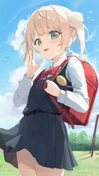  absurdres aged_down ahoge backpack bag blonde_hair blue_dress blue_sky blurry blurry_background blush bow bowtie collared_shirt commentary_request day dress enokinoko1010 female green_eyes hair_ornament hand_up highres holding indie_virtual_youtuber long_sleeves looking_at_viewer open_mouth outdoors pinafore_dress pleated_dress pom_pom_(clothes) pom_pom_hair_ornament randoseru red_bag red_bow red_bowtie school_uniform shigure_ui_(vtuber) shigure_ui_(vtuber)_(young) shirt short_hair sidelocks sky sleeveless sleeveless_dress smile solo twintails virtual_youtuber white_shirt 