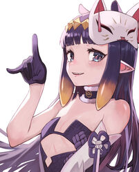  absurdres animal_ears black_dress black_gloves black_hair blue_eyes blunt_bangs breasts commentary cutout_above_navel detached_sleeves dress female fox_mask frilled_shirt_collar frills gloves gradient_hair headpiece highres hololive hololive_english kiwwwwwi long_hair looking_at_viewer mask mask_on_head mole mole_under_eye multicolored_hair ninomae_ina&#039;nis ninomae_ina&#039;nis_(1st_costume) oerba_yun_fang orange_hair pointy_ears purple_dress purple_gloves sidelocks simple_background single_detached_sleeve small_breasts smile solo strapless strapless_dress tentacle_hair tube_dress two-tone_gloves upper_body very_long_hair virtual_youtuber white_background white_sleeves 