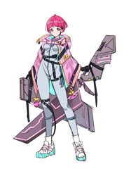  aged_up ahoge belt blunt_bangs bodysuit breasts capelet commentary female full_body grey_bodysuit highres holding holding_sword holding_weapon hood hooded_capelet hoshina_hikaru looking_at_viewer medium_breasts multicolored_hair pink_capelet pink_eyes pink_hair precure rumo shoes short_hair simple_background skin_tight smile sneakers solo star_(symbol) star_twinkle_precure streaked_hair sword weapon white_background 