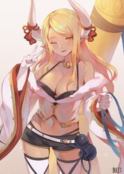  ;d artist_logo bare_shoulders blonde_hair breasts brown_eyes cleavage clenched_hand commentary cowboy_shot crop_top dark-skinned_female dark_skin draph elbow_gloves female fur_trim gloves gourd granblue_fantasy hand_up highres horn_ornament horn_ribbon horns kiriyama2109 kumbhira_(granblue_fantasy) large_breasts long_hair midriff navel off_shoulder one_eye_closed pointy_ears ribbon short_shorts shorts smile solo swept_bangs tassel thighhighs v white_gloves wide_sleeves 