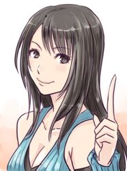  arm_warmers black_eyes black_hair blue_arm_warmers breasts character_name cleavage closed_mouth collarbone female final_fantasy final_fantasy_viii long_hair looking_at_viewer pointing pointing_up rinoa_heartilly sadakiyo_kazuhiko simple_background sleeveless smile solo 