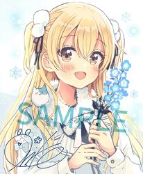  :d black_ribbon blonde_hair blue_flower blush brown_eyes commentary_request female flower fur_collar hair_between_eyes hair_ornament hair_ribbon highres holding holding_flower jacket long_hair long_sleeves looking_at_viewer nemophila_(flower) oerba_yun_fang pom_pom_(clothes) pom_pom_hair_ornament ribbon sakura_oriko sample_watermark signature smile snowflakes solo swing!! two_side_up upper_body very_long_hair watermark white_jacket yokomine_ibuki 